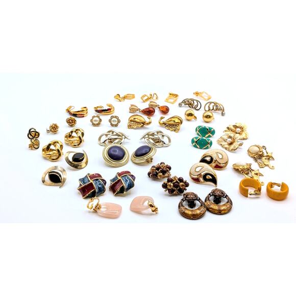 Lot of 23 Pair of Gold Tone Vintage Clip On Screw Back Earrings